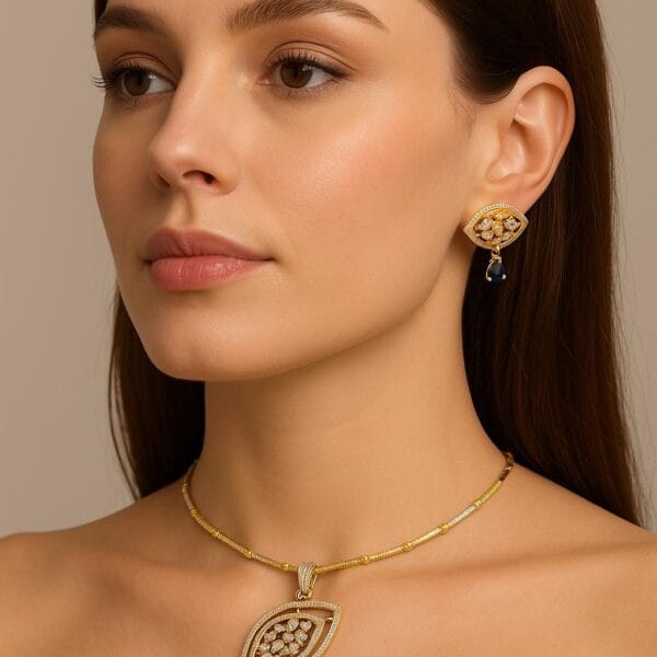Gold Plated CZ Leaf Necklace Set with Blue Stone Pendant & Earrings - Image 4