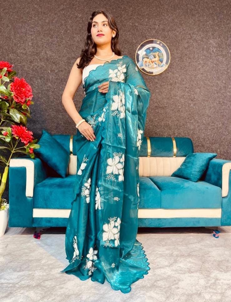 Blue and Off White Sequin Embroidered Saree with Floral Design | Party Wear - Image 1