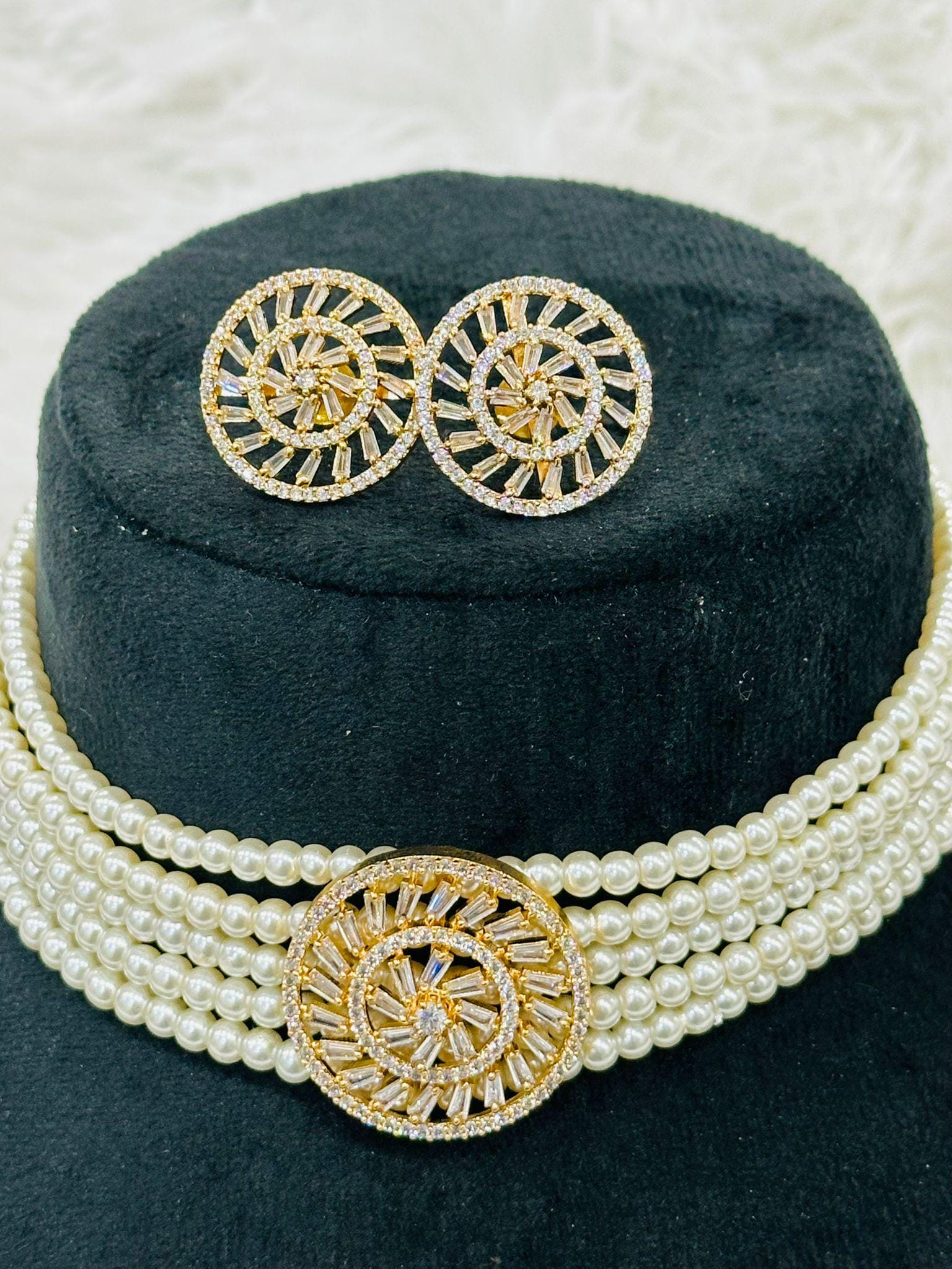 Pearl Choker Necklace Set with Earrings, Gold Finish Baguette Stone Bridal Jewelry - Image 3