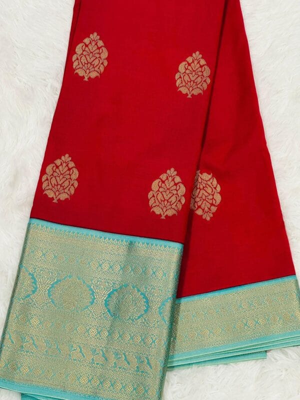 Red Kanjiveram Semi Silk Saree with Turquoise Blue Zari Border - Image 2