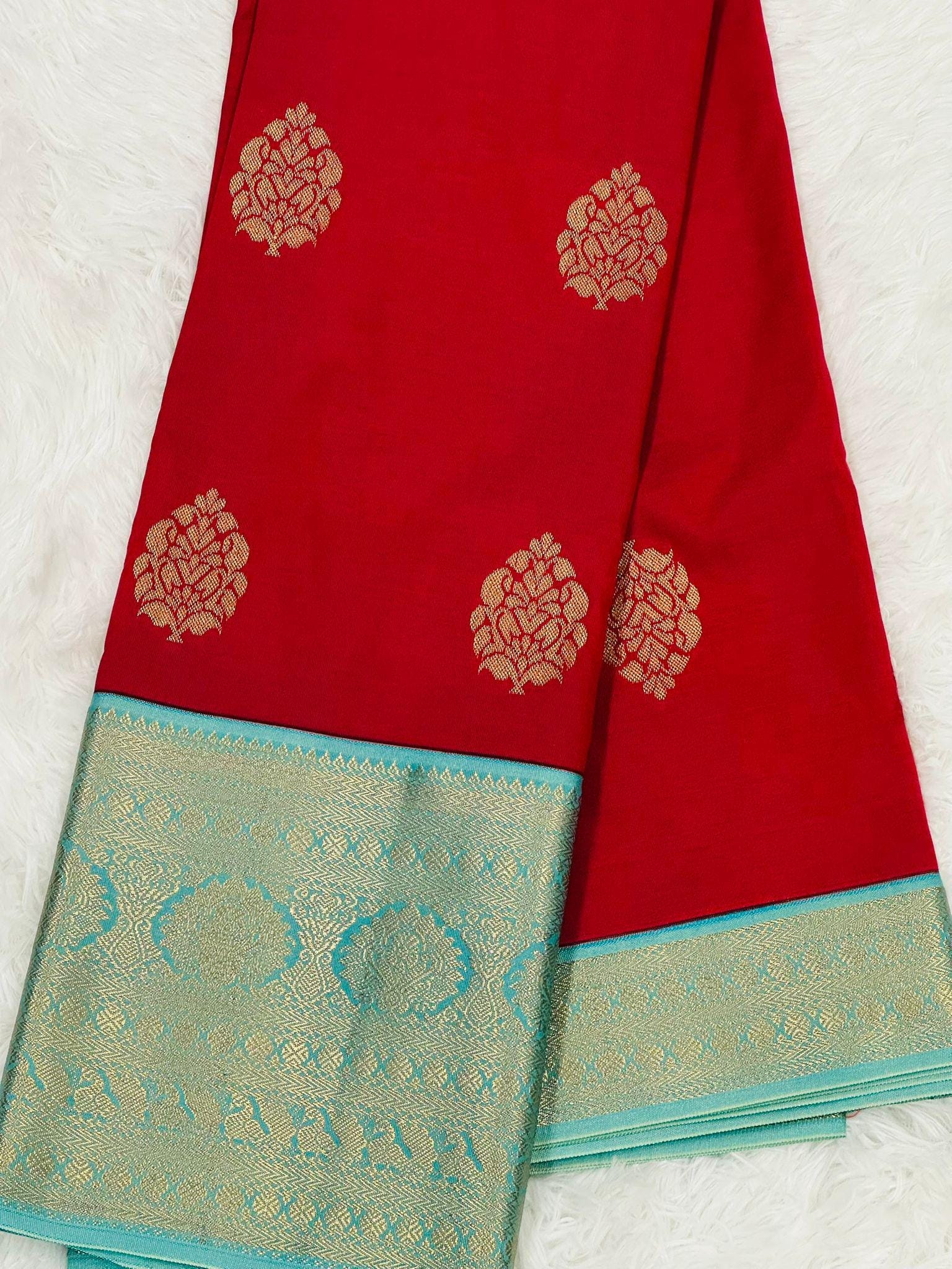 Red Kanjiveram Semi Silk Saree with Turquoise Blue Zari Border - Image 2