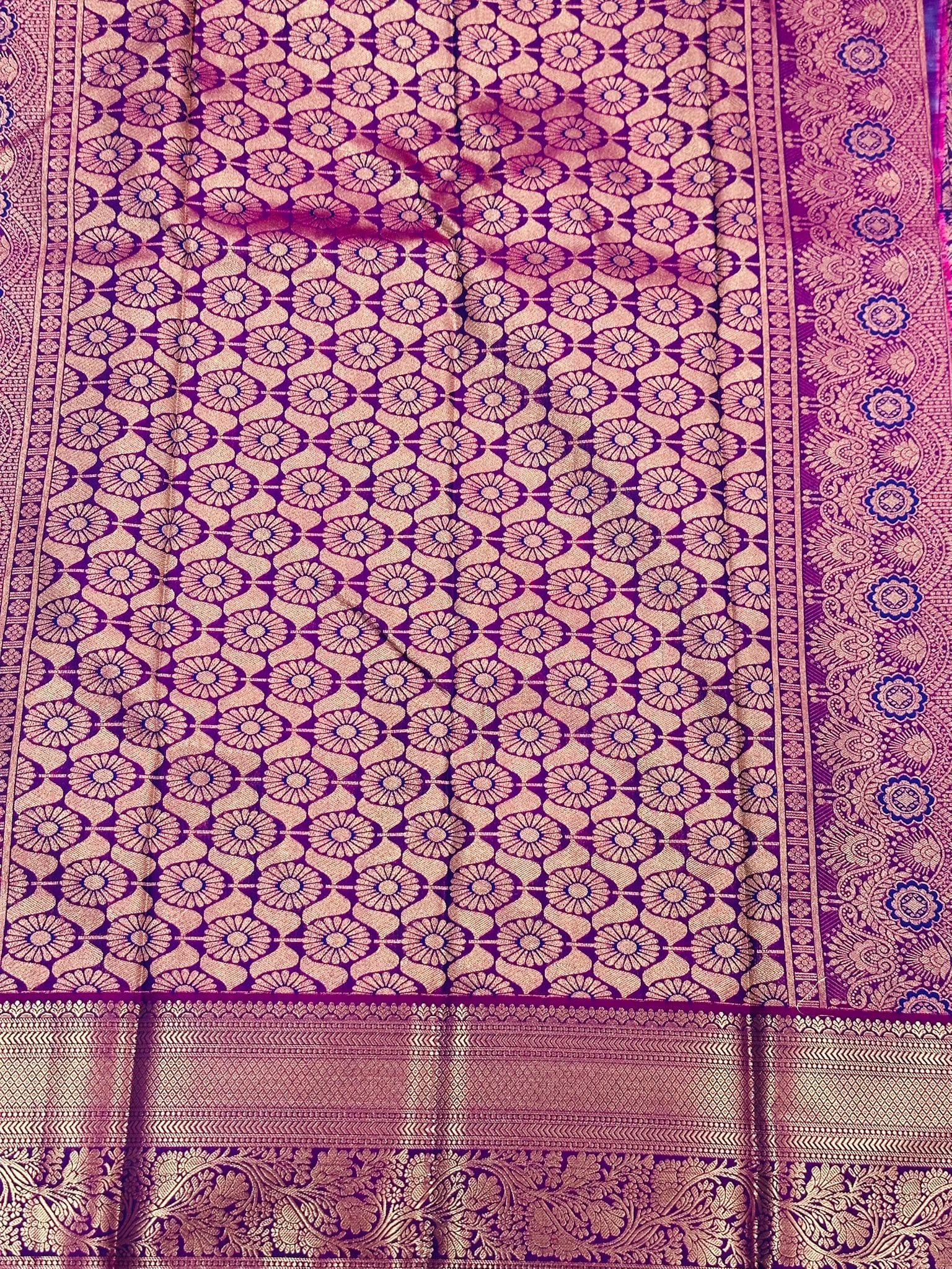 Purple Bridal Kanchipuram Soft Silk Saree Gold Zari Floral Wedding Saree Traditional South Indian Bride Reception Party Wear - Image 5