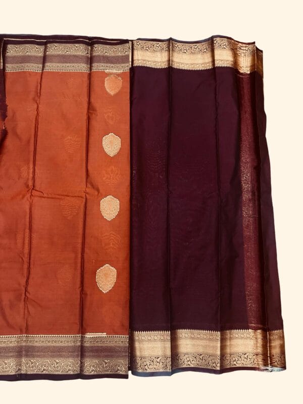 Kanchipuram Semi Silk Saree Rust Orange Coffee Brown | Traditional South Indian Silk Saree | Gold Zari Butta Wedding Saree - Image 2