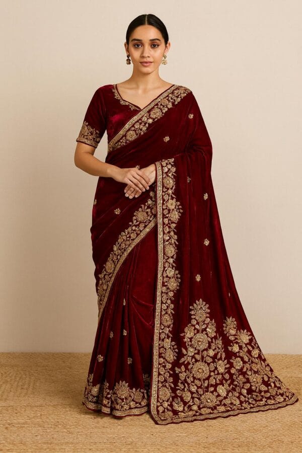 Velvet Space Silk Saree | Gold Beadwork & Hand Embroidery