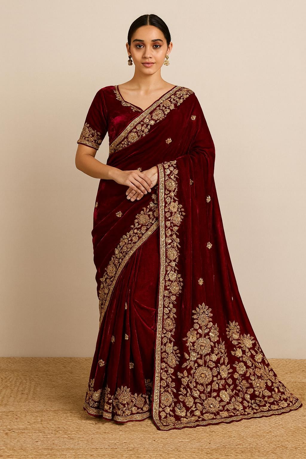 Velvet Space Silk Saree | Gold Beadwork & Hand Embroidery - Image 1