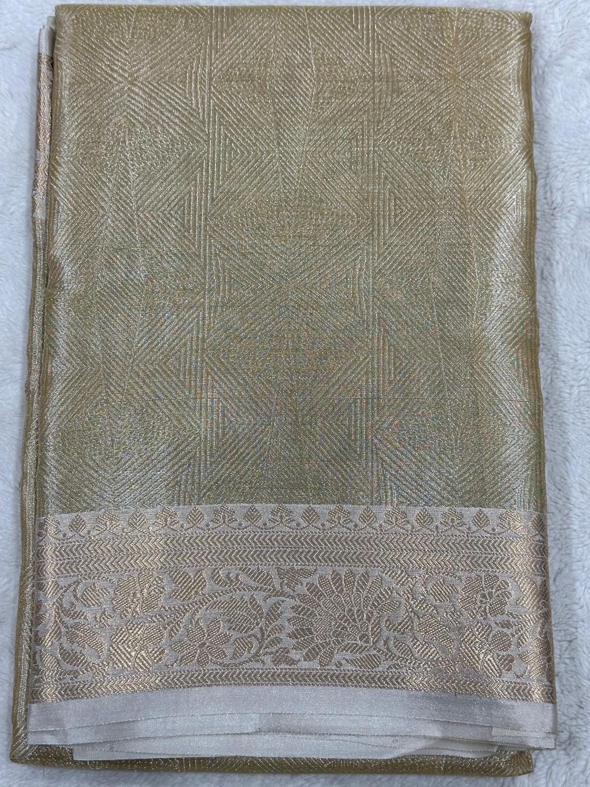 Gold Bridal Tissue Saree, Zari Weave, Unstitched Blouse - Image 1