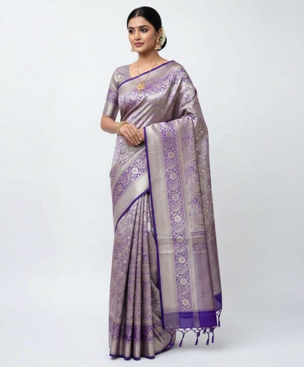 Kanchipuram Semi Silk Saree Purple Silver | South Indian Traditional Saree | Wedding Party Wear Silk Saree with Rich Zari Border