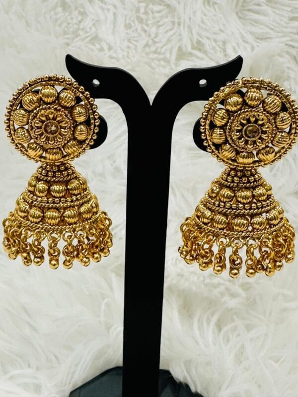 Bridal Gold Plated Choker Set • Temple Jewelry Jhumka Earrings • Maang Tikka Set for Wedding - Image 4