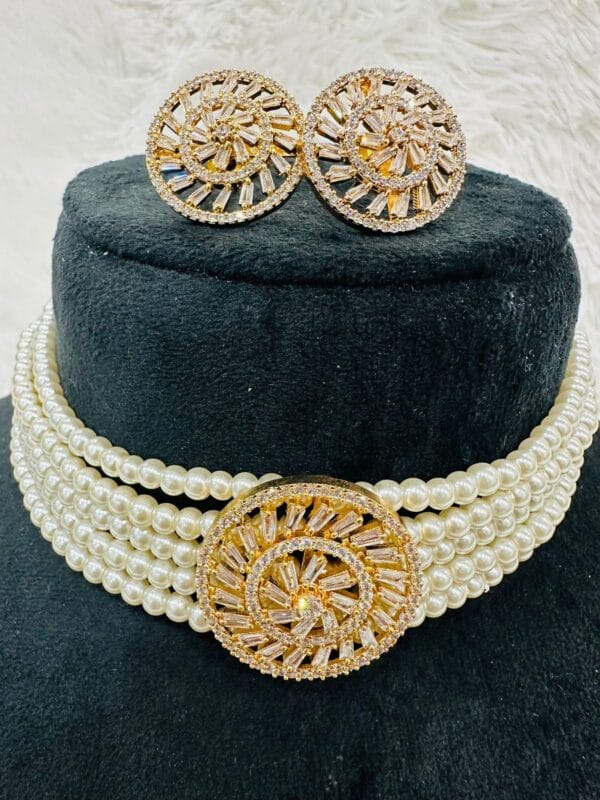 Pearl Choker Necklace Set with Earrings, Gold Finish Baguette Stone Bridal Jewelry