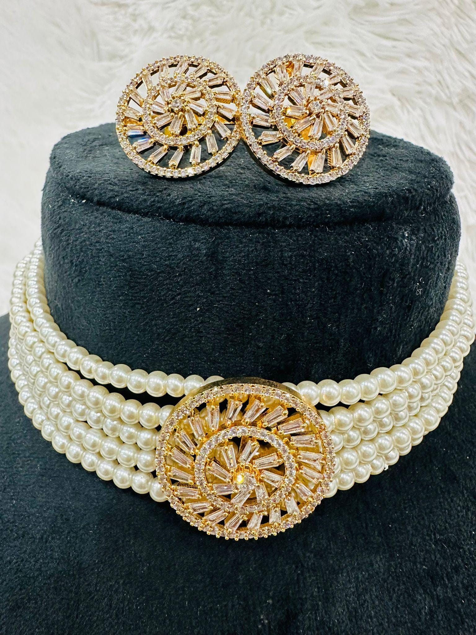 Pearl Choker Necklace Set with Earrings, Gold Finish Baguette Stone Bridal Jewelry - Image 1