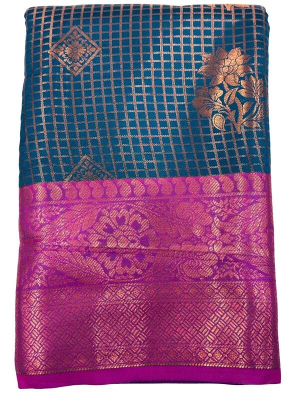 Soft Silk Saree Blue with Rani Pink Embroidered Brocade unstitched Blouse | Festive Party Wear - Image 3