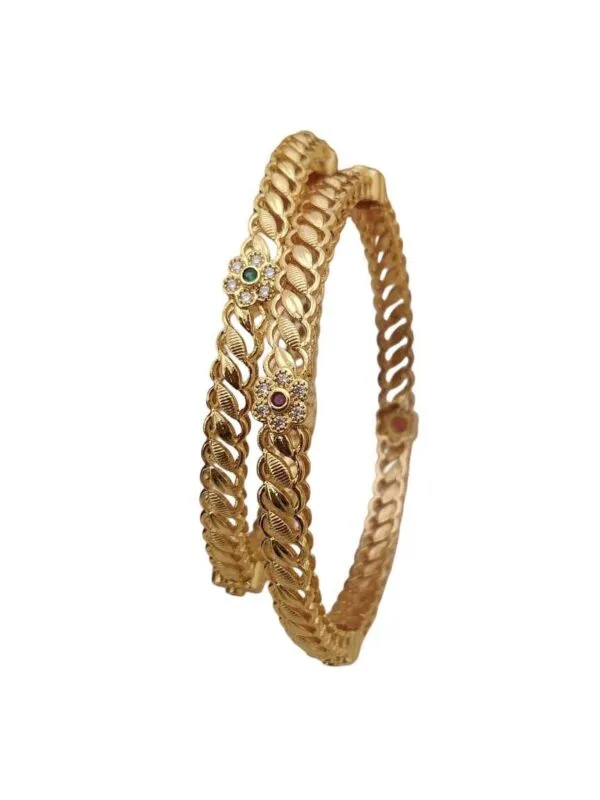 Micro Gold plated Twisted kada Bangles Size 28 with Green & Red Stone Floral Center