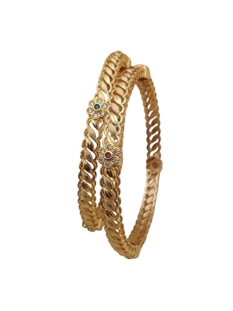 Micro Gold plated Twisted kada Bangles Size 28 with Green & Red Stone Floral Center