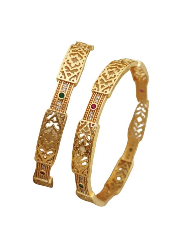 Traditional Micro Gold plated Kada Bangles with Red & Green Stones | Antique Finish | Size 26