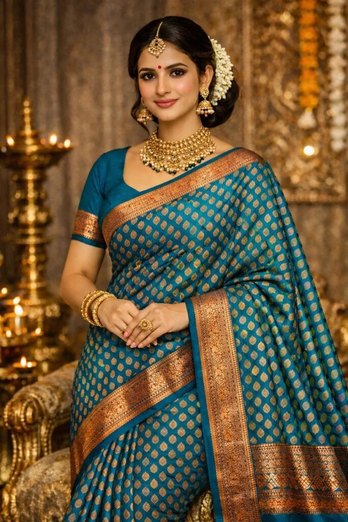 Bridal Kanchipuram Soft Silk Saree Ramar Blue, Copper Zari Wedding Saree, Rain Drop Butta Traditional South Indian Bridal