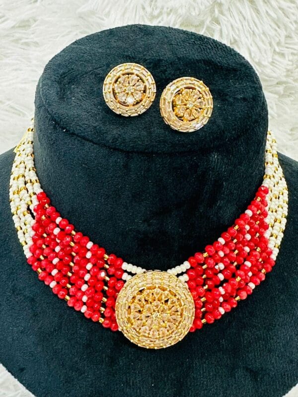 Red & White Beaded Kundan Choker Necklace Set with Gold Floral Pendant