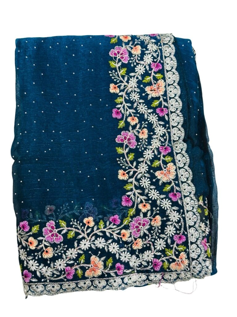 Navy Blue Space Silk Saree with Unstitched Blouse | Floral Embroidery | Designer Party Wear