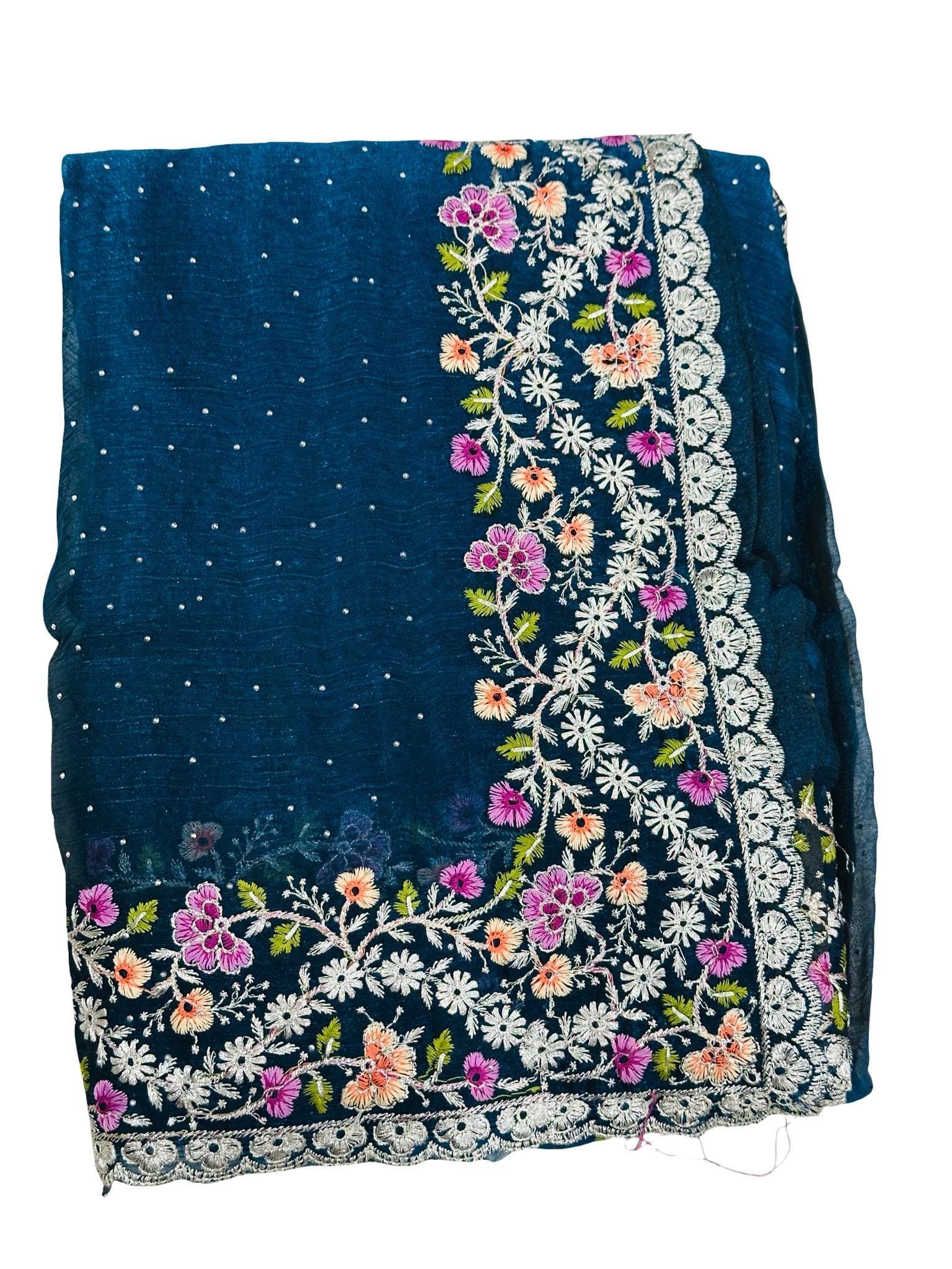 Navy Blue Space Silk Saree with Unstitched Blouse | Floral Embroidery | Designer Party Wear - Image 2