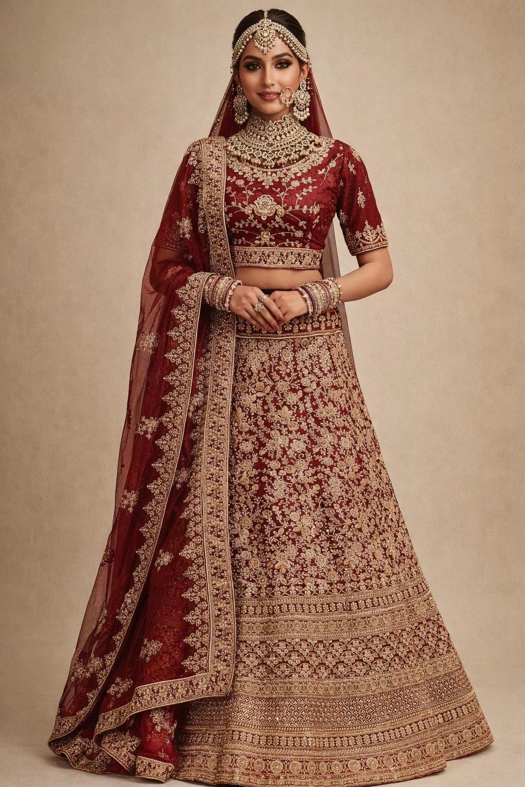 Maroon Bridal Lehenga Choli Set with Heavy Gold Embroidery | Designer Wear & Dupatta | size 36 - Image 1