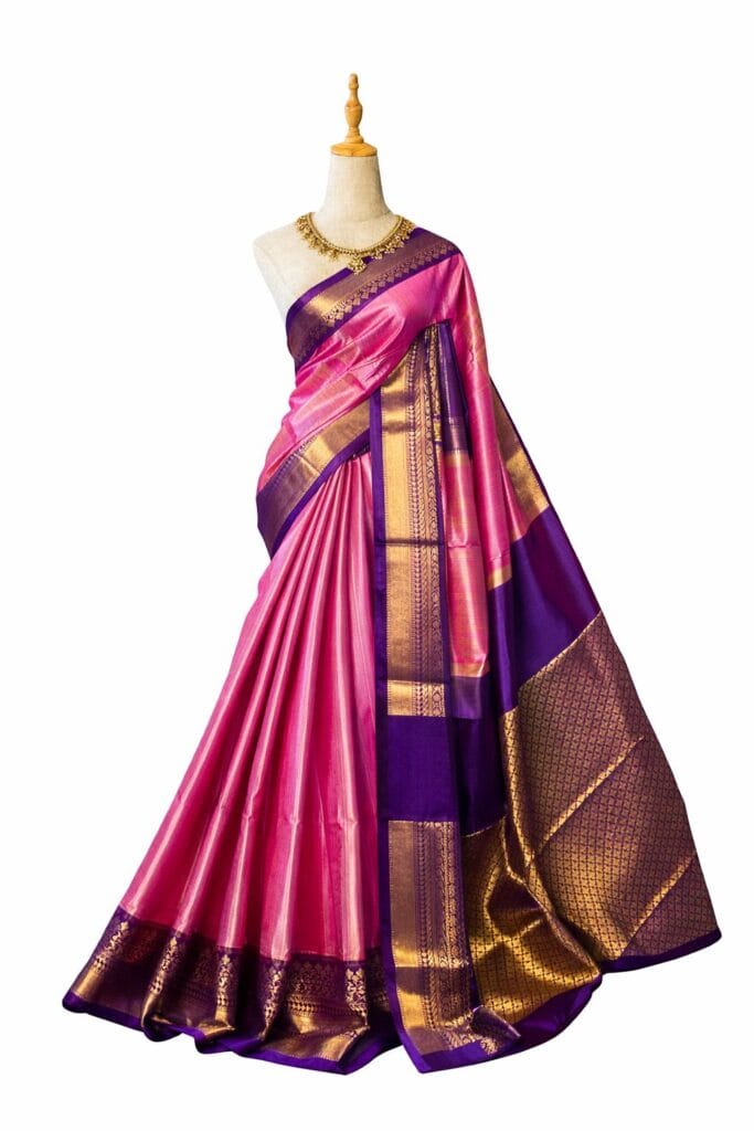 Pink Katan Silk Saree with Purple Border, Banarasi Katan Silk Bridal Saree, Gold Zari Wedding Saree, Traditional Indian Silk Sari Gift