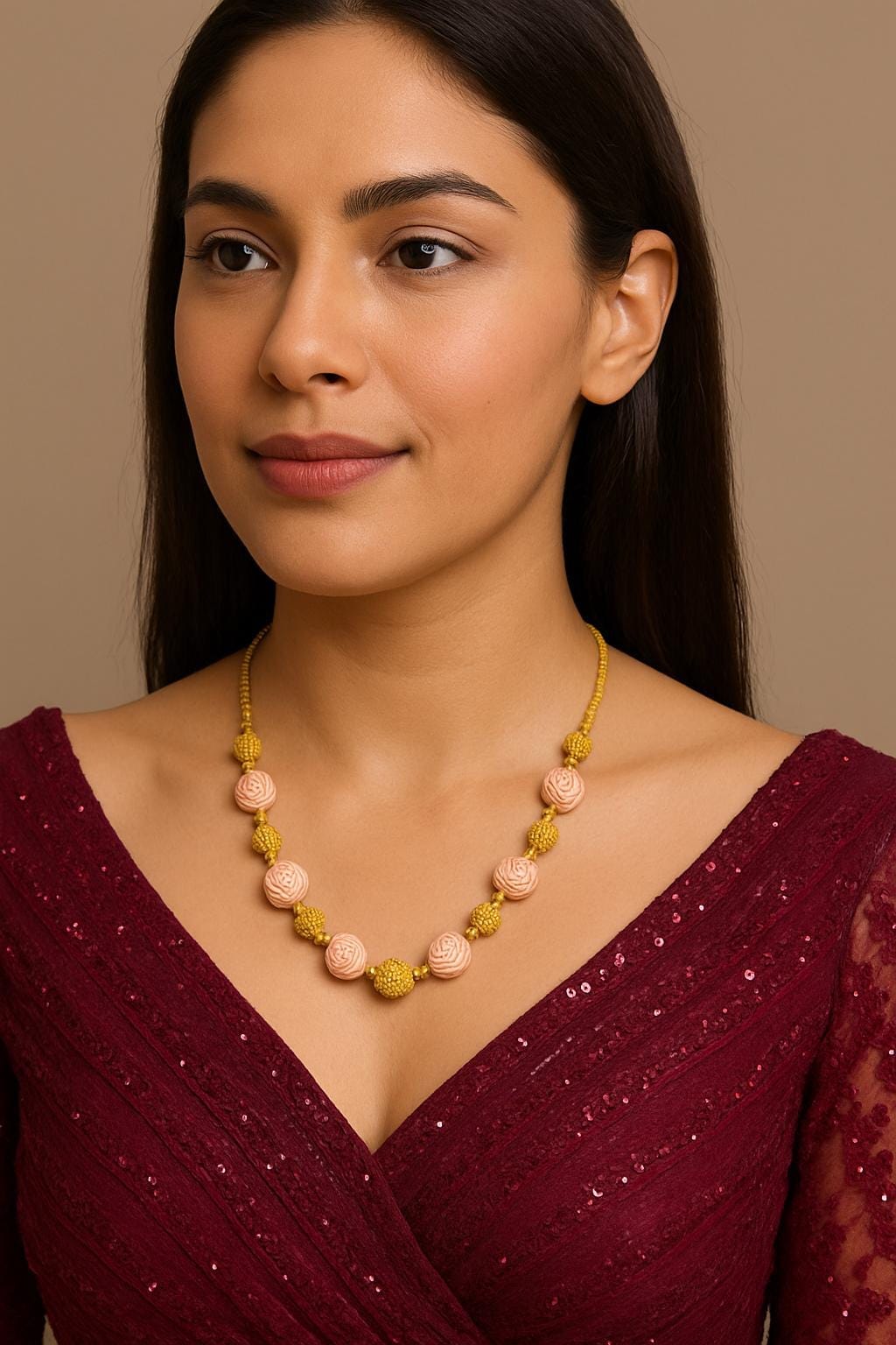 Micro Gold Plated Pink Bead Chain | Floral Carved Beads | Simple Daily Wear Jewelry - Image 2