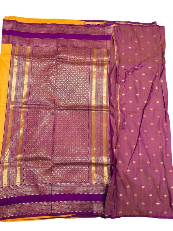 Gadwal Silk Saree Yellow Purple | Traditional South Indian Handloom Saree | Gold Zari Border Bridal Festive Wear - Image 2