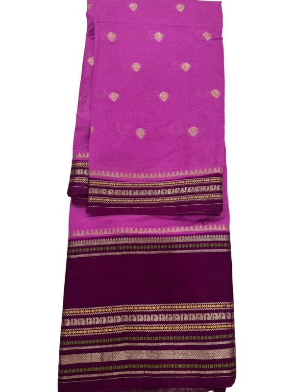 Celebrity Inspired Semi Silk Katan Saree – Rani Pink & Magenta Contrast Pallu – Golden Butta Zari Design – Soft Lightweight - Image 2