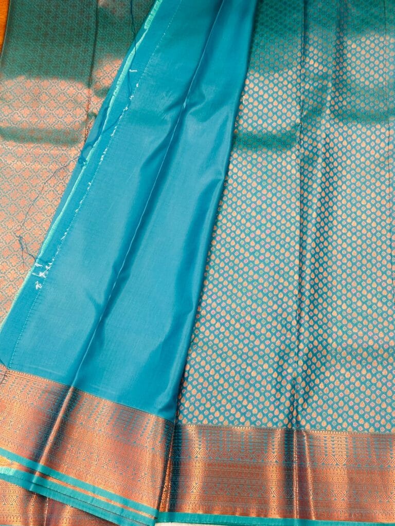 Bridal Kanchipuram Soft Silk Saree Ramar Blue, Copper Zari Wedding Saree, Rain Drop Butta Traditional South Indian Bridal