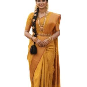 Mustard Yellow Soft Silk Saree with unstitched blouse | Copper Zari Border