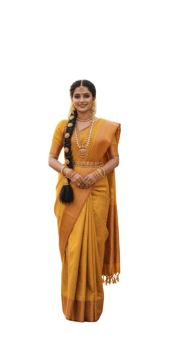 Mustard Yellow Soft Silk Saree with unstitched blouse | Copper Zari Border - Image 1