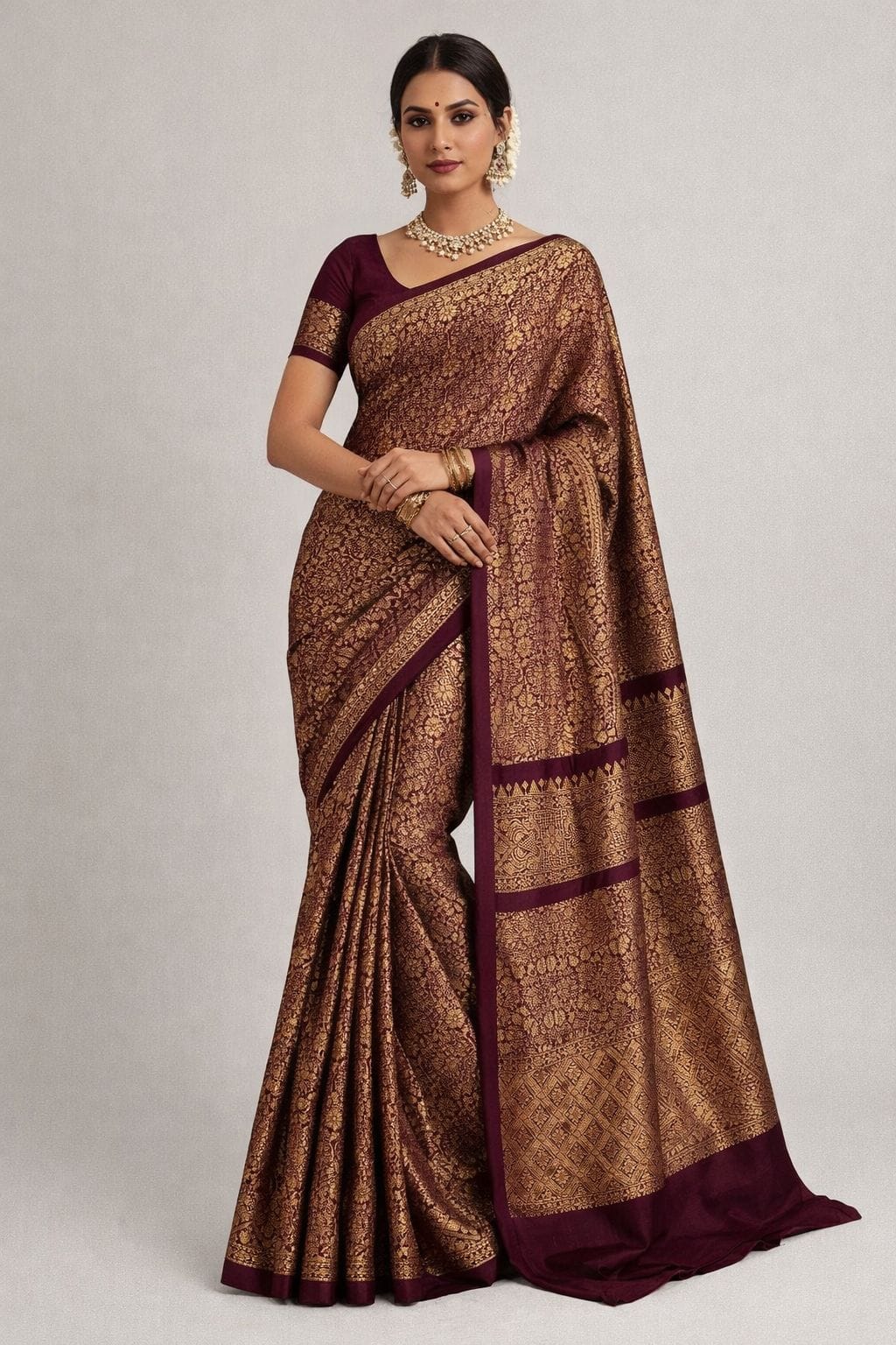 Wine Banarasi Semi Silk Saree, Gold Zari Woven Bridal Saree, Traditional Indian Wedding Saree, Party Wear Banarasi Silk Sari - Image 1