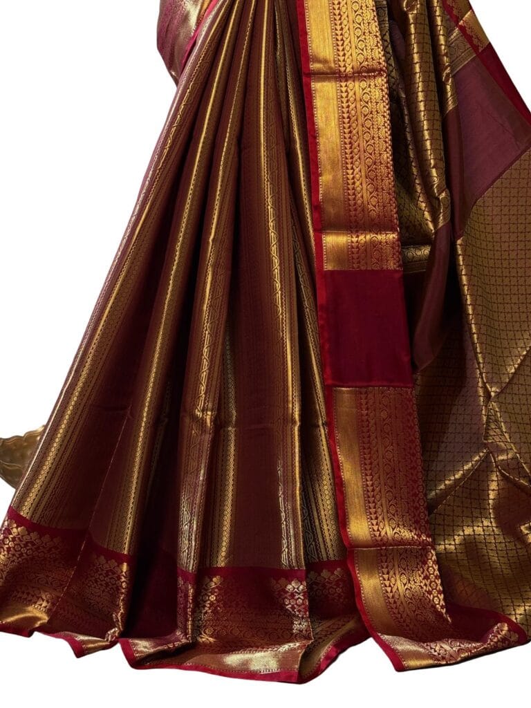 Coffee Brown Katan Silk Saree with Maroon Border, Traditional Banarasi Kathan Silk Wedding Saree, Heavy Gold Zari Bridal Saree