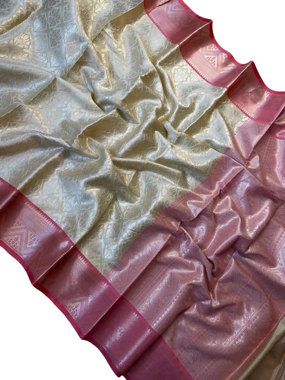 Bridal Soft Silk Saree Cream Pink | Wedding Kanchipuram Style Silk Saree | Gold Zari Border Traditional Indian Bridal Saree - Image 2