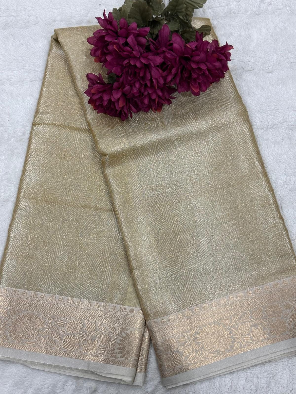 Gold Bridal Tissue Saree, Zari Weave, Unstitched Blouse - Image 4