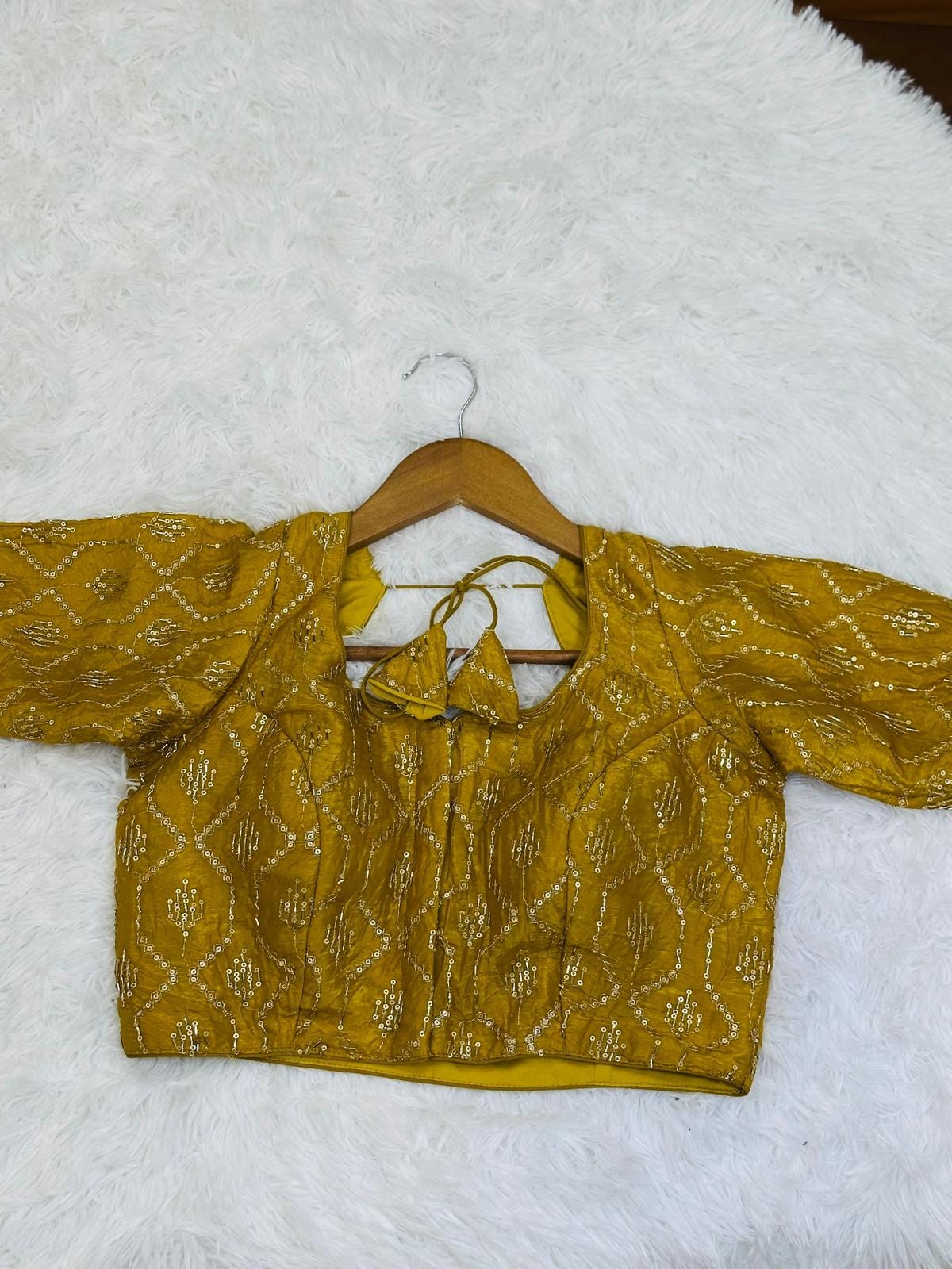 Golden Yellow Sequin Embroidered Saree Blouse | Size 34 Padded Crop Top - Image 1