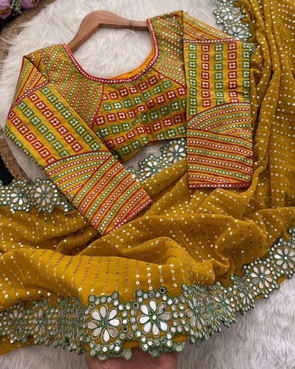 Georgette Saree, Heavy Sequin & Mirror Work saree with stitched Blouse - Image 4