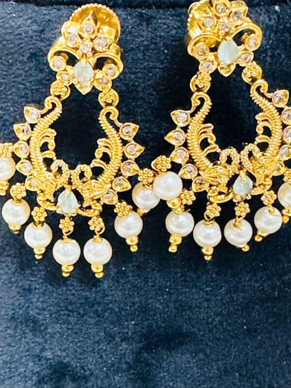 Traditional Kanti Necklace Set with Pearls & Green Stone Pendant | Bridal Gold Plated Choker Set - Image 3