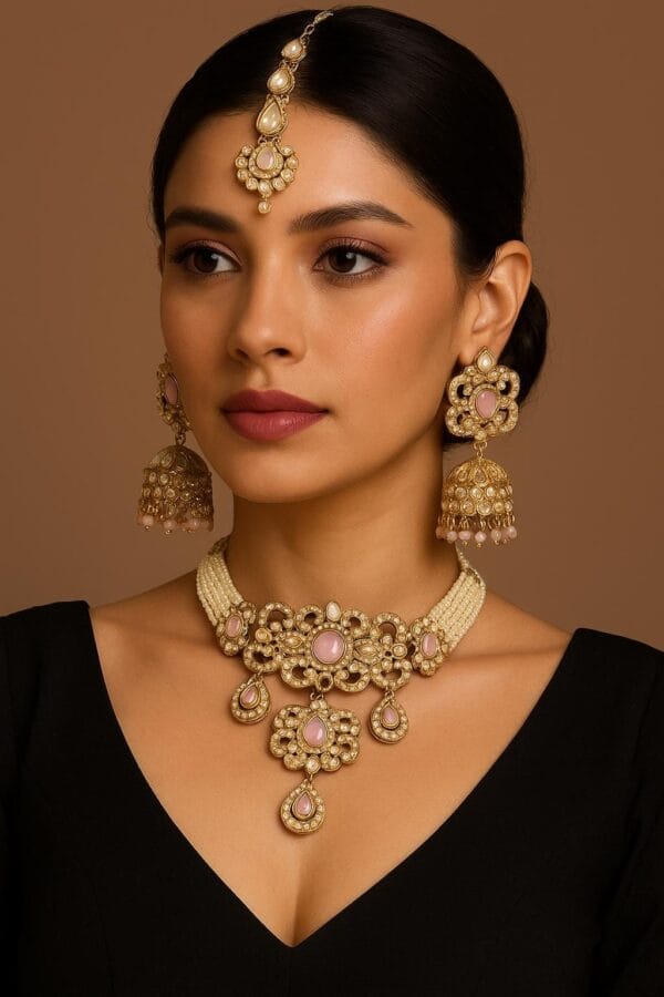 Gold Plated Kundan Jewelry Set | Pink Stone Choker Earrings Tikka • Pearl Beaded Choker - Image 7