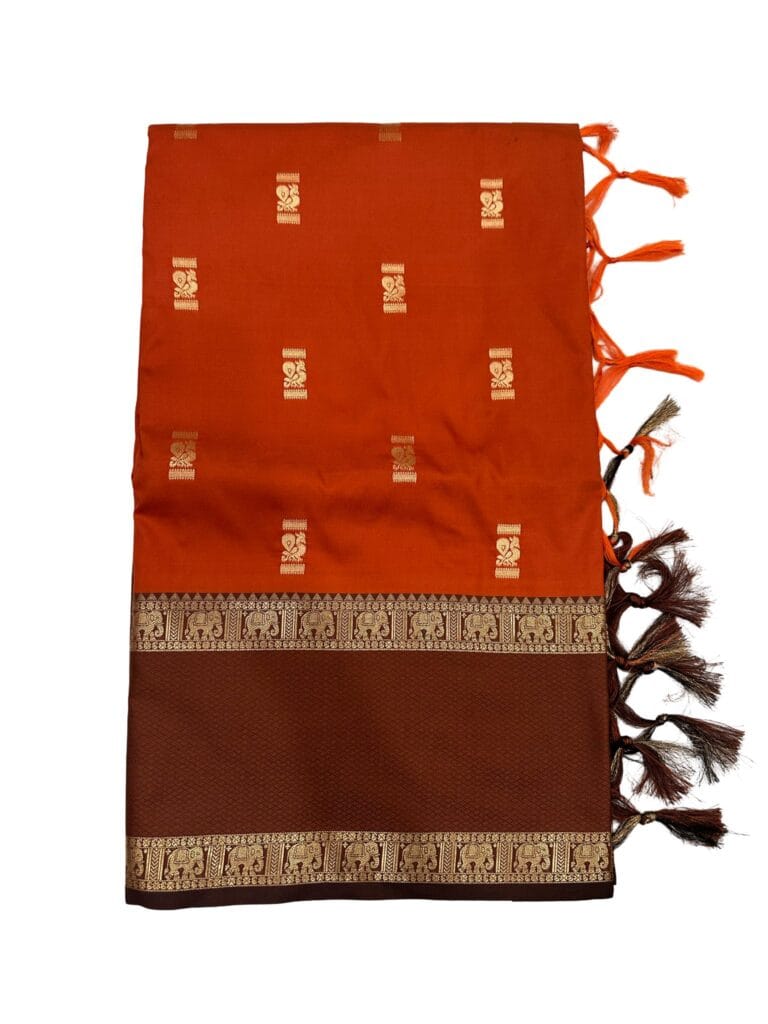 Gadwal Silk Saree Rust Orange Brown | Traditional Temple Border Silk Saree | South Indian Wedding Saree | Elephant Zari Border Saree