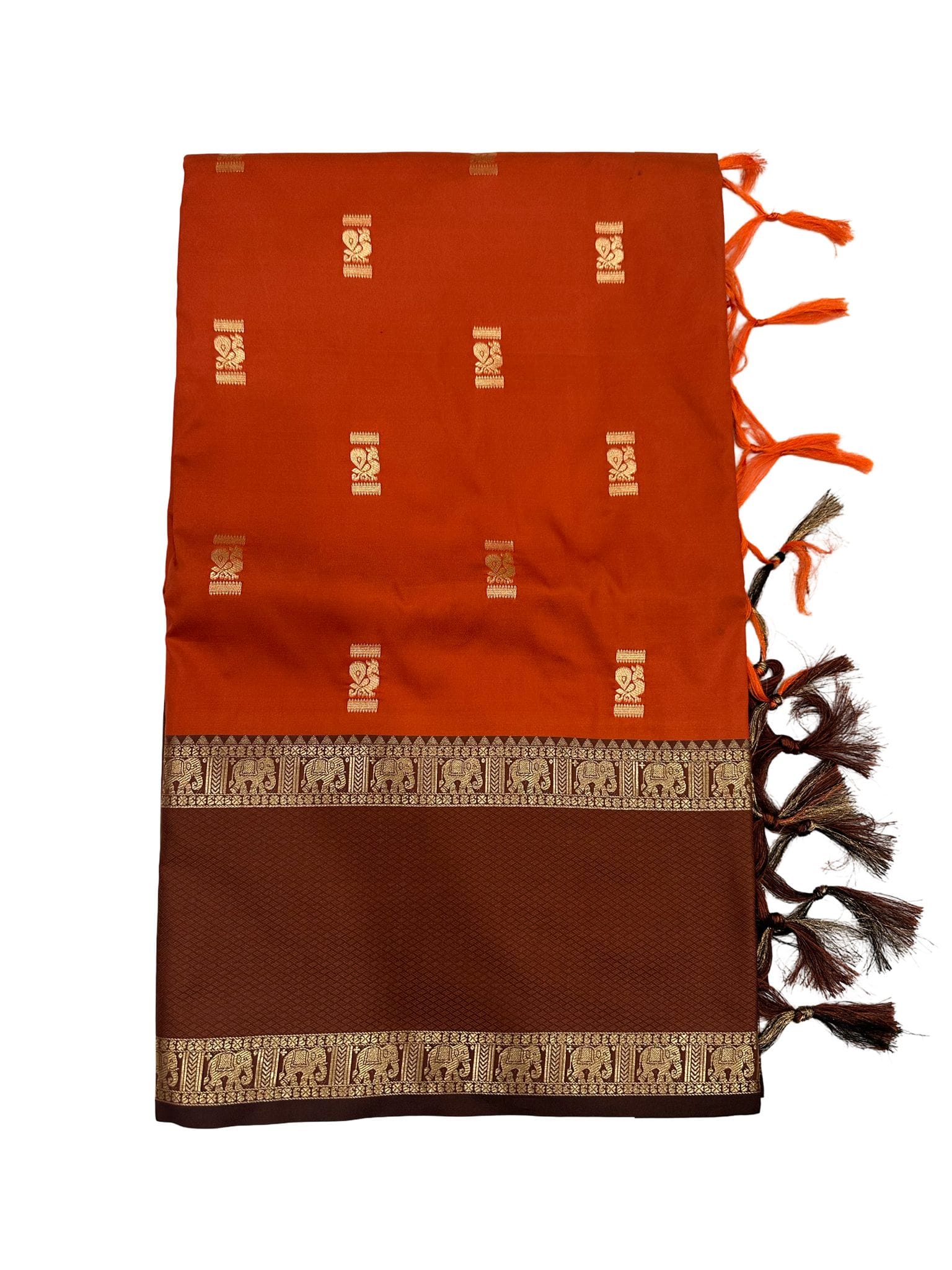 Gadwal Silk Saree Rust Orange Brown | Traditional Temple Border Silk Saree | South Indian Wedding Saree | Elephant Zari Border Saree - Image 2