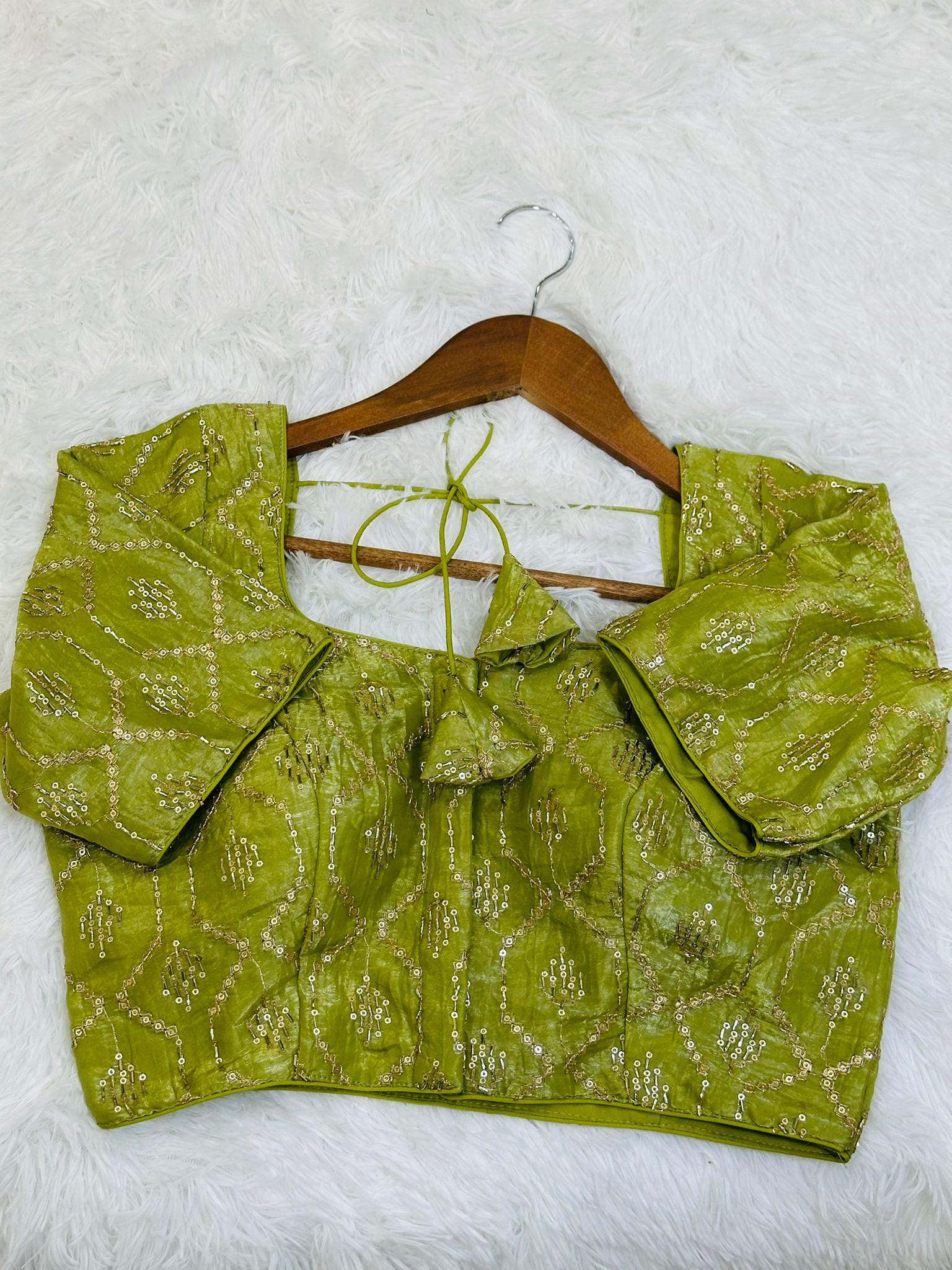 Olive Green Saree readymade Blouse | Sequin Embroidery, Mirror Work, Padded Size 34 - Image 1