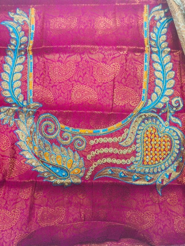 Sandal & Rani Pink Soft Silk Saree with Heavy Embroidered unstitched Blouse | Designer Party Wear - Image 5