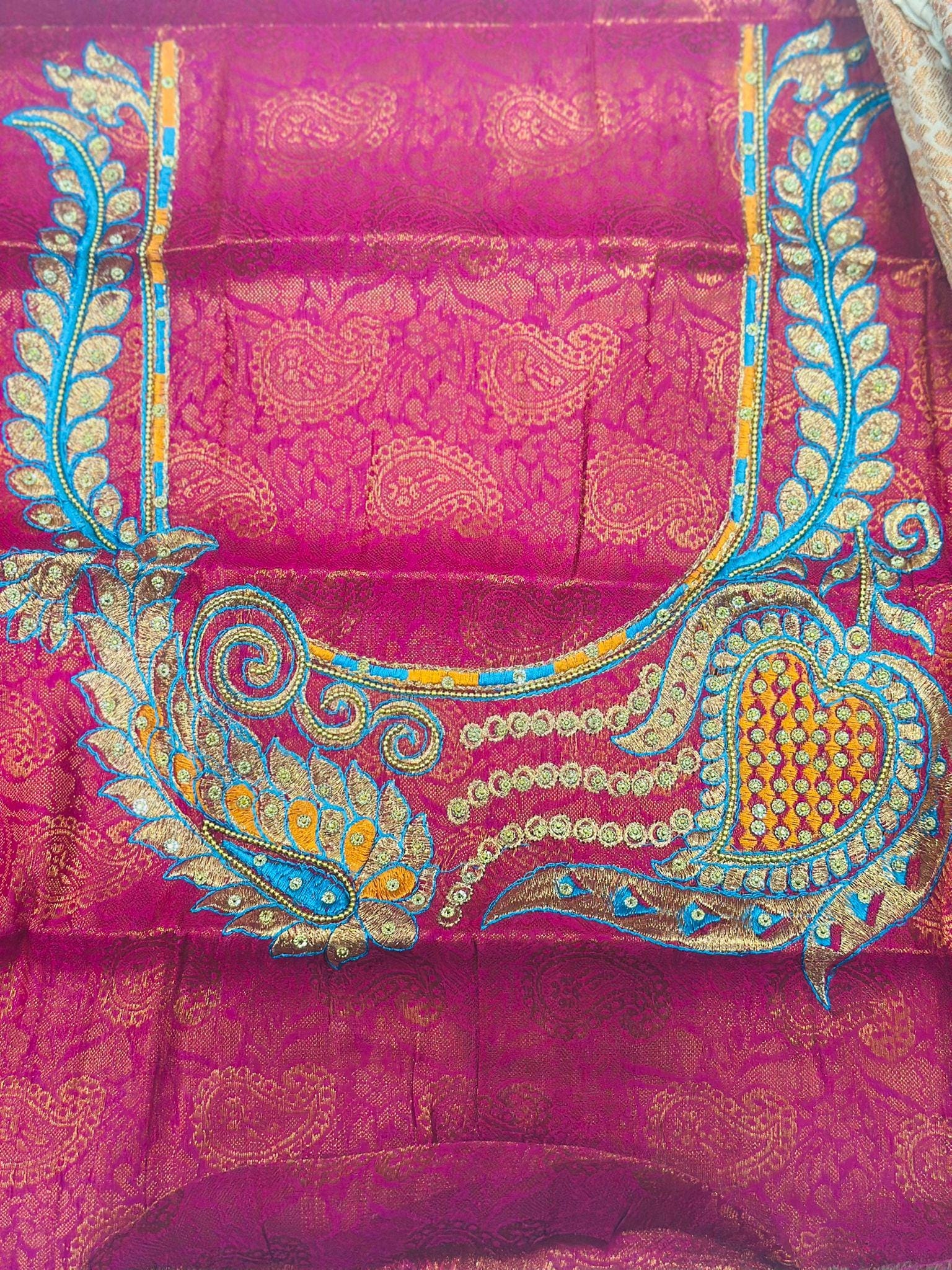 Sandal & Rani Pink Soft Silk Saree with Heavy Embroidered unstitched Blouse | Designer Party Wear - Image 5