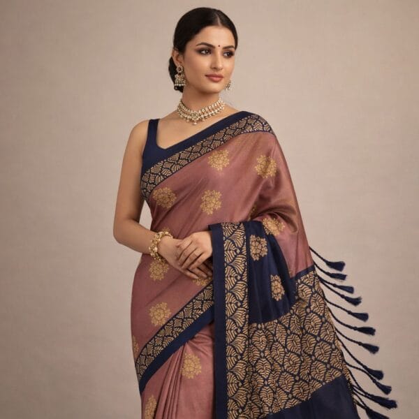 Luxury Dusty Copper Pink Soft Silk Saree Navy Blue Copper Dark Gold Butta, Elegant Party Wear Saree, Traditional Indian Wedding Saree