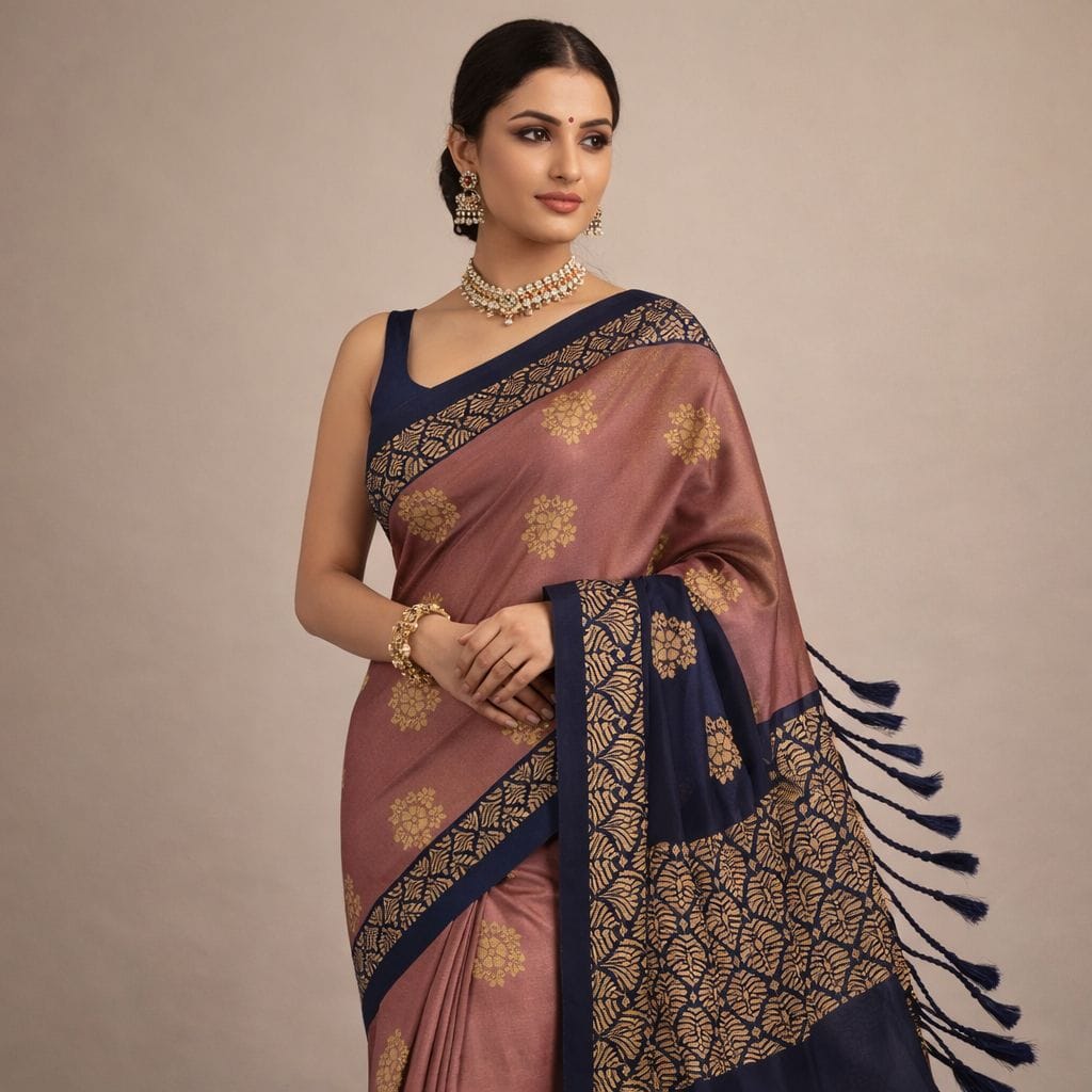 Luxury Dusty Copper Pink Soft Silk Saree Navy Blue Copper Dark Gold Butta, Elegant Party Wear Saree, Traditional Indian Wedding Saree - Image 1