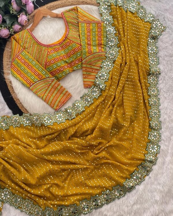 Georgette Saree, Heavy Sequin & Mirror Work saree with stitched Blouse - Image 3