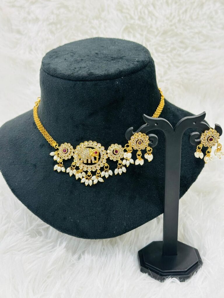 Gold plated Elephant Pendant Necklace Set • Pearl Drop Choker Jewelry