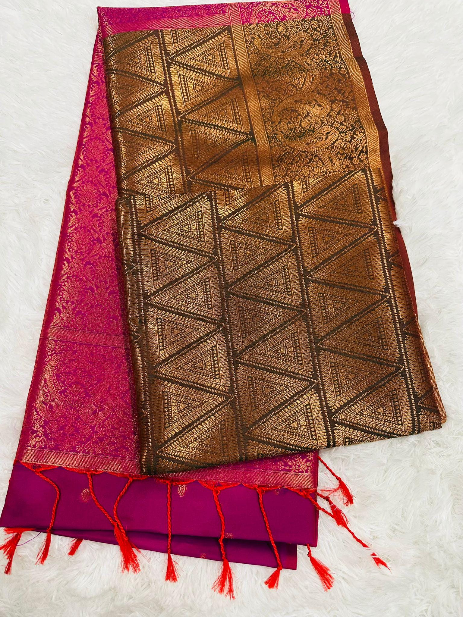 Vintage Kanchipuram Semi Silk Saree Pink & Green Gold Zari with Tassels - Image 1