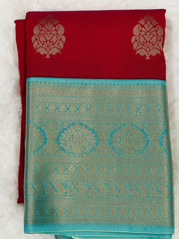 Red Kanjiveram Semi Silk Saree with Turquoise Blue Zari Border - Image 3