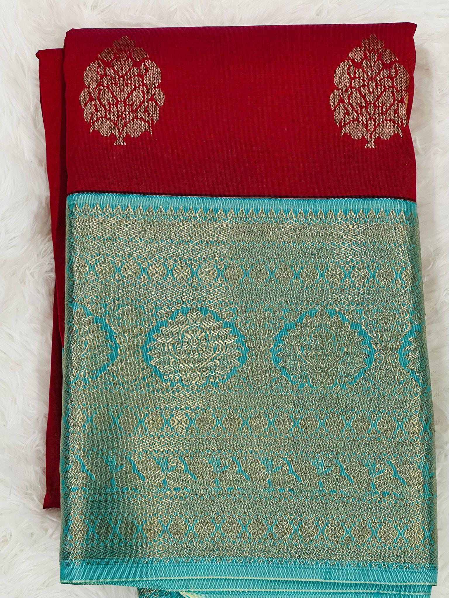 Red Kanjiveram Semi Silk Saree with Turquoise Blue Zari Border - Image 3